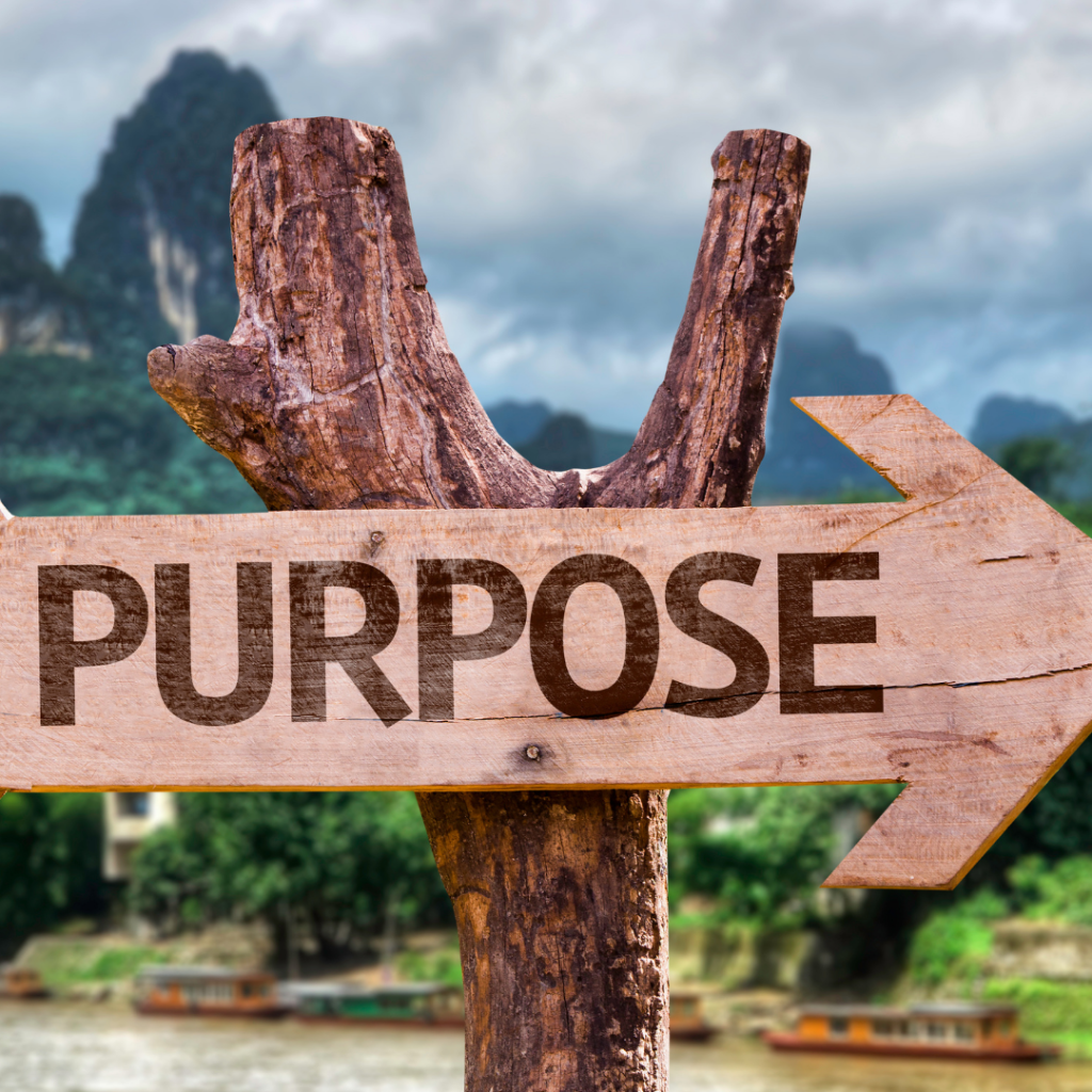 sign post with the word purpose